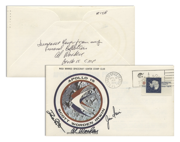 Apollo 15 Crew-Signed NASA Insurance Cover -- From Al Wordens Personal Collection, as Written by Him, and Also With His Signed COA